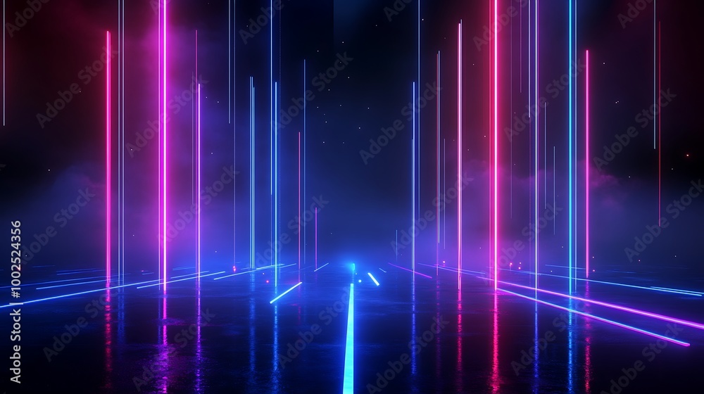 Vibrant neon lights create a futuristic atmosphere with colorful beams and reflections on a dark background. Vibrant neon lights create a futuristic atmosphere with colorful beams and reflections on a dark background.