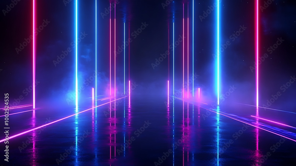 Vibrant neon lights create a futuristic tunnel effect in a dark space with reflections, perfect for digital backgrounds or designs. Vibrant neon lights create a futuristic tunnel effect in a dark space with reflections, perfect for digital backgrounds or designs.