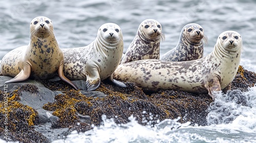 Five harbor seals perched on a rocky outcrop, looking directly at the camera, with waves crashing in the background.