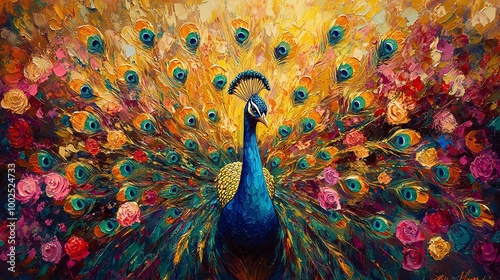 a vibrant peacock flaunting its resplendent feathers in an elegant, captivating display, symbolizing the stunning beauty and colorful nature of exotic birds in the wild