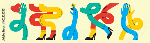 Groovy hippie set of colorful curved funny twisted intertwined legs hands in different poses. Hand drawn vector colored trendy illustration. Flat design