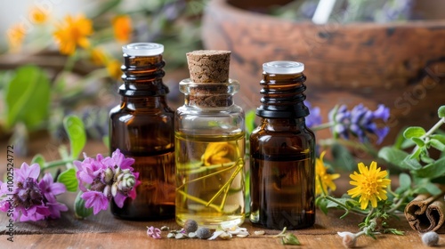 brown and clear small bottle spa essential oils and medical flowers her on wood table