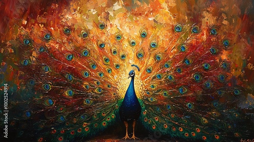 a vibrant peacock flaunting its resplendent feathers in an elegant, captivating display, symbolizing the stunning beauty and colorful nature of exotic birds in the wild