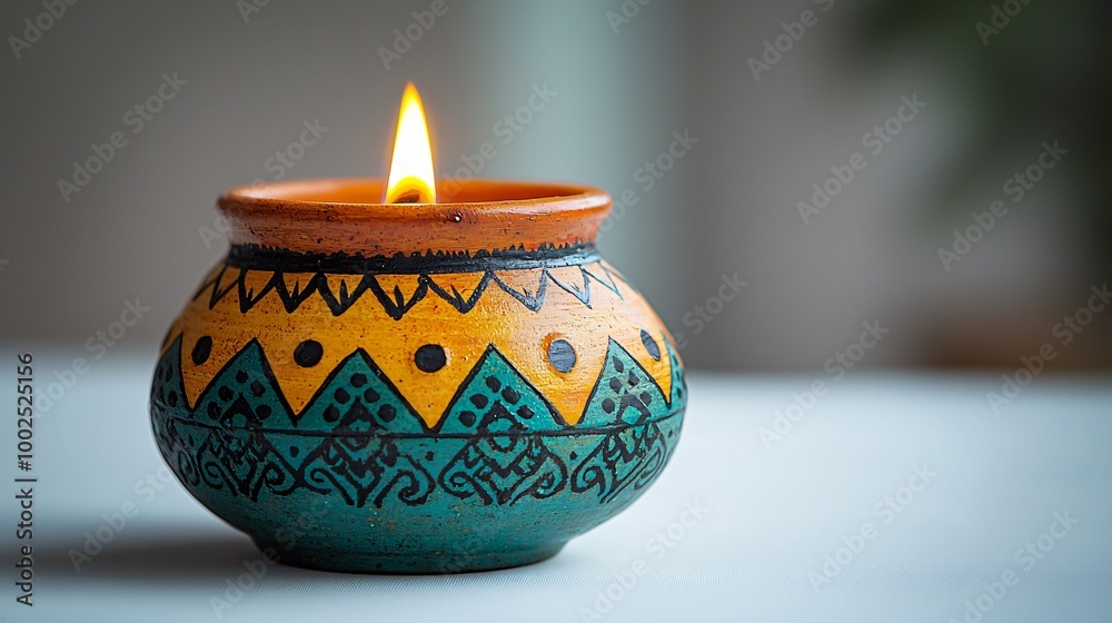 Vibrant traditional Diwali diya with intricate patterns, perfect for festive celebrations, greeting cards, or cultural events during the Festival of Lights.