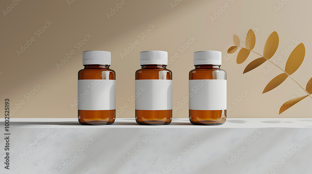 Three amber glass bottles with white labels and white caps sit in a row on a white marble surface.