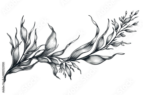 Seaweed sketch on isolated background, black and white leaves