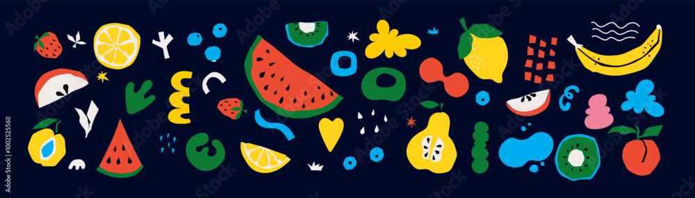 Organic food banner in flat style. Fruits and cereals geometry minimalistic with simple shape and figure. Great for flyer, web poster, natural products presentation templates, cover design.