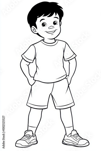 a boy in shorts and a t - shirt is standing