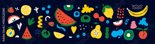 Organic food banner in flat style. Fruits and cereals geometry minimalistic with simple shape and figure. Great for flyer, web poster, natural products presentation templates, cover design.