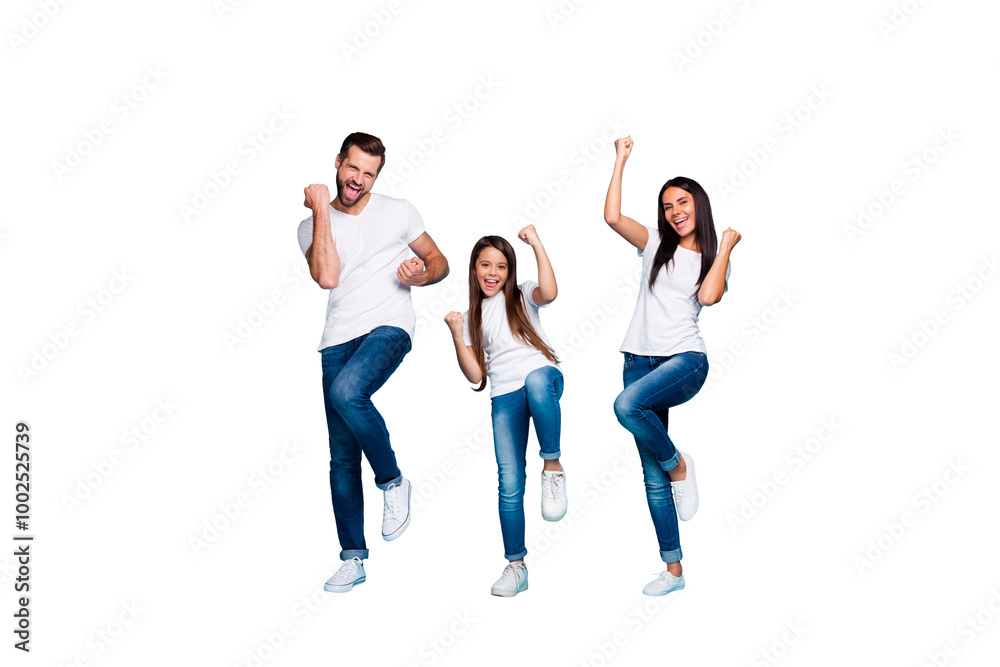 Photo of daddy mommy and small lady raising fists air rejoicing wear casual outfit isolated blue background Photo of daddy mommy and small lady raising fists air rejoicing wear casual outfit isolated blue background