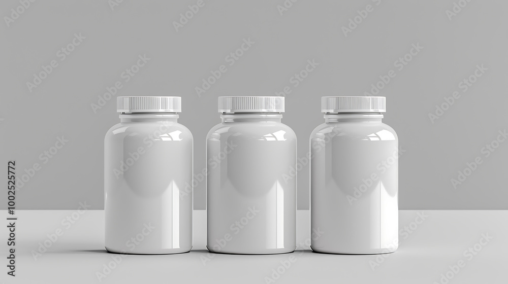 Three blank white supplement bottles with caps on a plain gray background. Three blank white supplement bottles with caps on a plain gray background.
