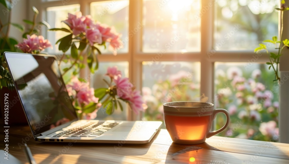 Cup of tea and a laptop sit on the table in front of a cottage window with flowers. Sunlight shines through the glass, creating a warm light. Computer screen on the desk near a potted plant. Cup of tea and a laptop sit on the table in front of a cottage window with flowers. Sunlight shines through the glass, creating a warm light. Computer screen on the desk near a potted plant.