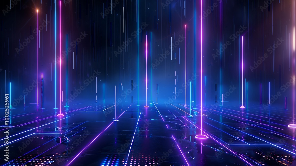 Vibrant neon lights in a futuristic digital landscape, showcasing colorful vertical lines and glowing elements. Vibrant neon lights in a futuristic digital landscape, showcasing colorful vertical lines and glowing elements.