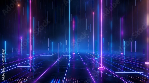 Vibrant neon lights in a futuristic digital landscape, showcasing colorful vertical lines and glowing elements.