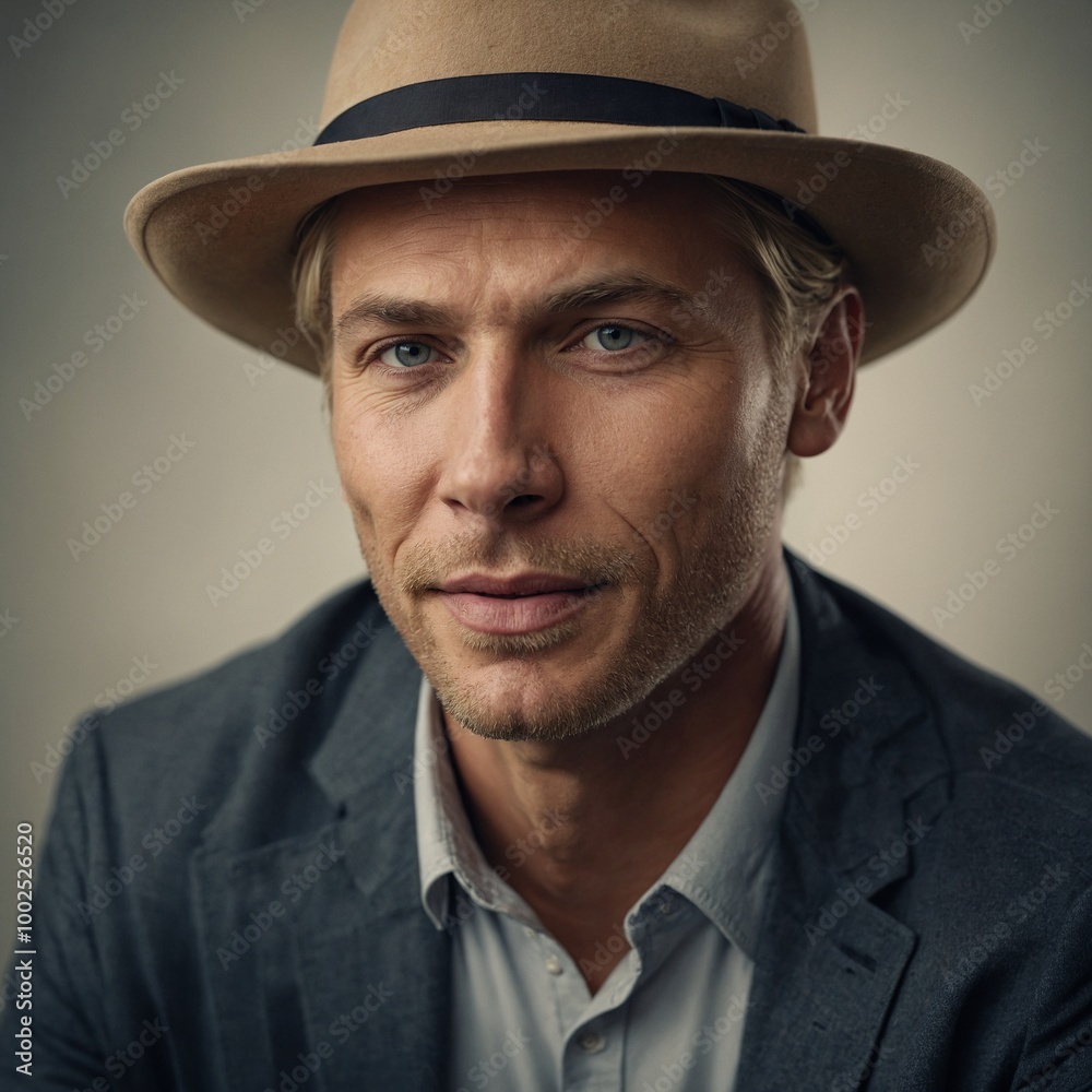 Middle-aged Caucasian man with short brown hair and beard, wearing tan fedora hat and gray suit jacket Middle-aged Caucasian man with short brown hair and beard, wearing tan fedora hat and gray suit jacket