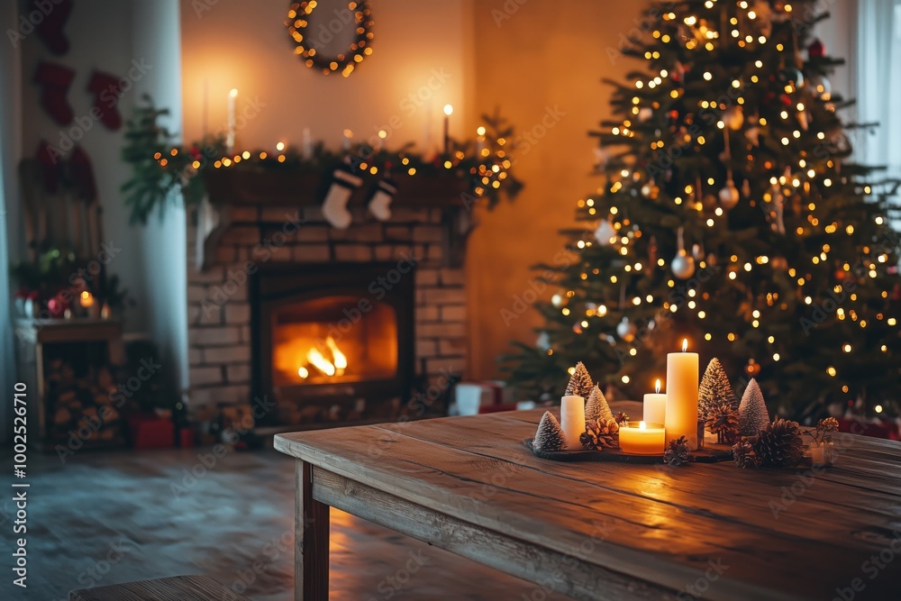 A beautifully decorated living room with a glowing fireplace, Christmas tree, and festive candles. A beautifully decorated living room with a glowing fireplace, Christmas tree, and festive candles.