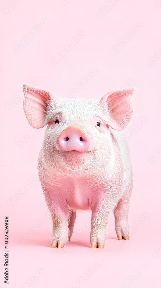 A white pig with pink ears stands in front of a pink background A white pig with pink ears stands in front of a pink background