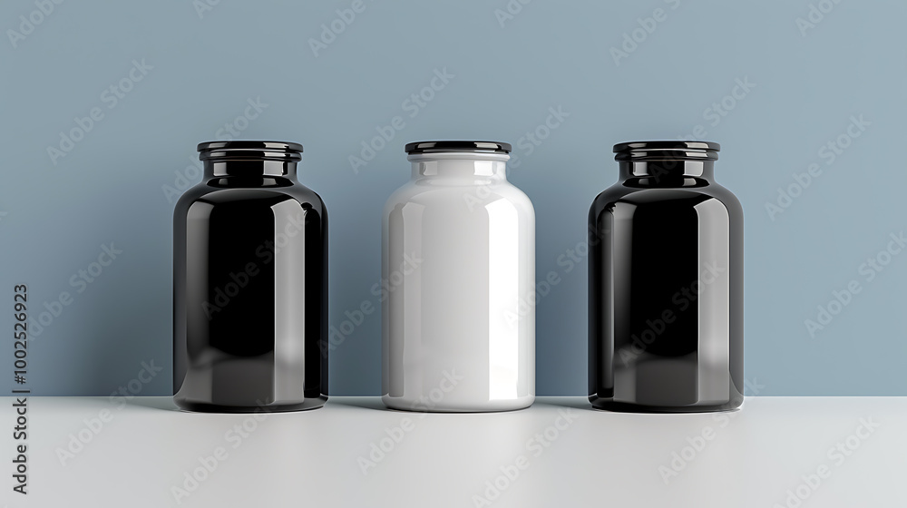 Three glass bottles, two black and one white, stand in a row against a pale blue background.