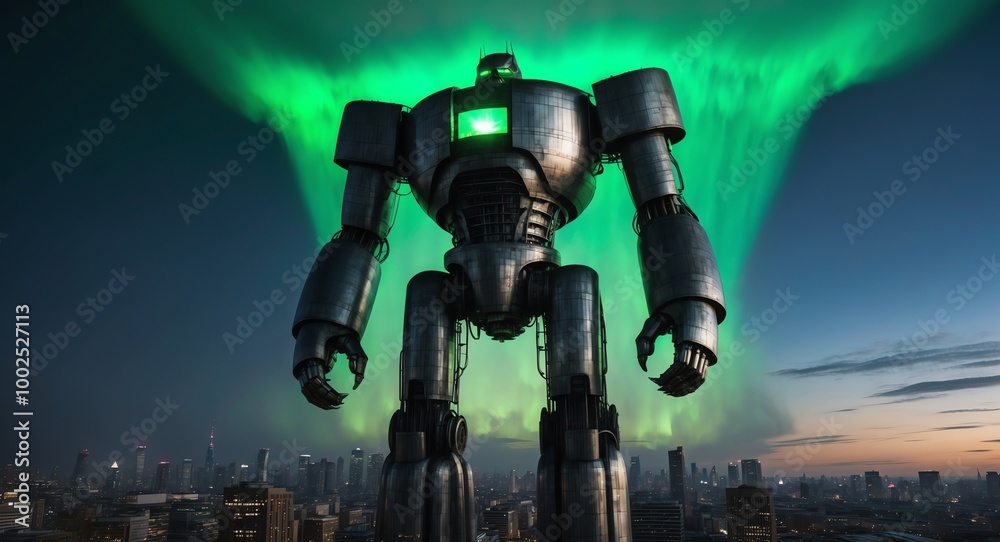 A colossal metallic giant illuminated by a haunting green glow above a cityscape A colossal metallic giant illuminated by a haunting green glow above a cityscape