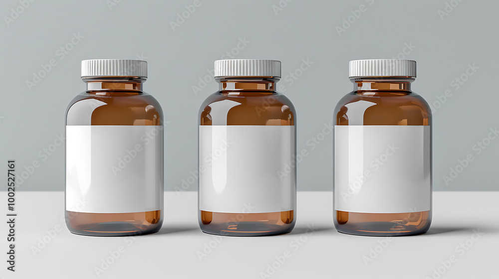 Three amber glass bottles with white lids and blank labels, ready to be filled with your product. Three amber glass bottles with white lids and blank labels, ready to be filled with your product.
