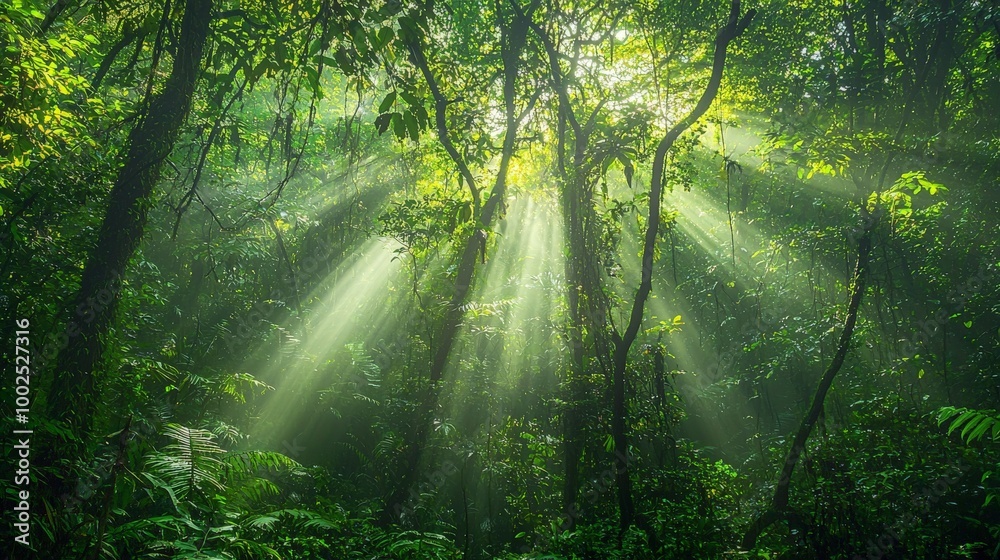 Naklejka premium Sunlight Piercing Through a Dense Jungle Canopy