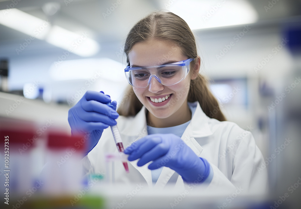 A young woman wearing blue rubber gloves and white lab coat is working in the laboratory. A young woman wearing blue rubber gloves and white lab coat is working in the laboratory.