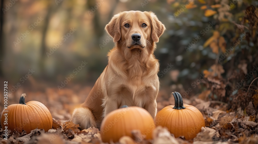 Dog with Halloween pumpkins in an autumn woodland Dog with Halloween pumpkins in an autumn woodland