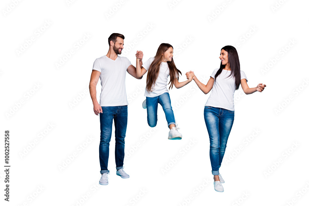 Full size photo of daddy mommy and small lady going and jumping together wear casual outfit isolated blue background Full size photo of daddy mommy and small lady going and jumping together wear casual outfit isolated blue background