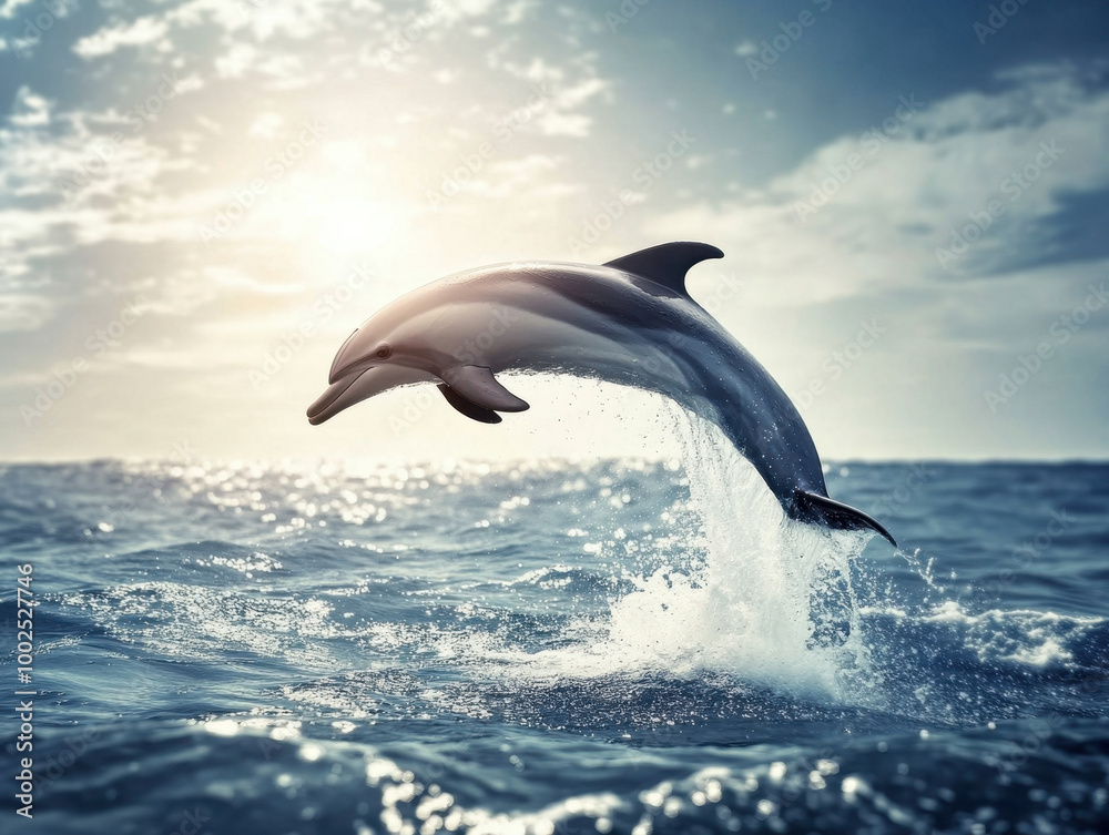 Fototapeta premium Dolphin leaps joyfully against a vibrant sunset over tranquil ocean waters