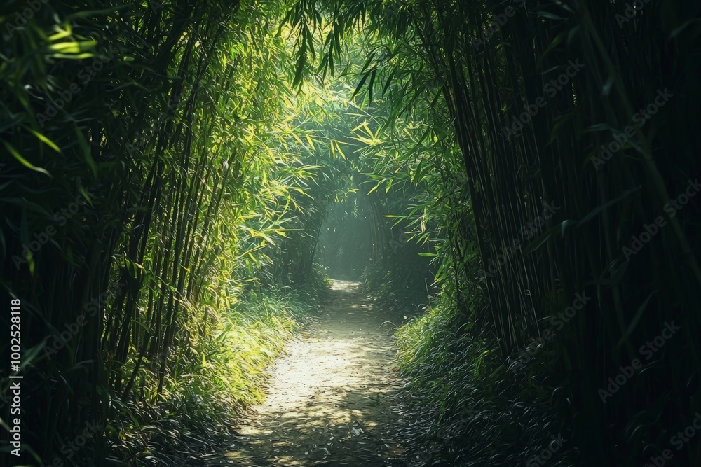 Fototapeta premium Serene Pathway Through Towering Bamboo Jungle