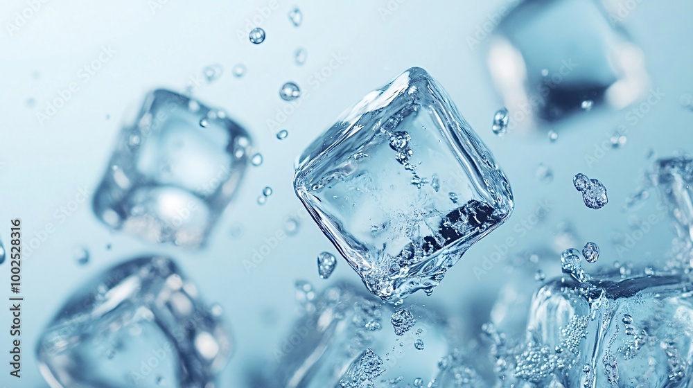 Refreshing water with ice cubes floating and air bubbles on a vibrant blue background, creating a cool and invigorating image. The ice slowly melts, releasing drops of liquid into the water Refreshing water with ice cubes floating and air bubbles on a vibrant blue background, creating a cool and invigorating image. The ice slowly melts, releasing drops of liquid into the water