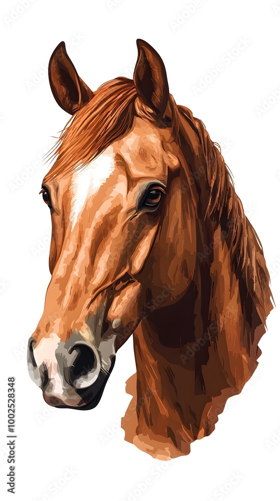 Fototapeta premium Beautiful brown horse head in the style of watercolor on a white background, close-up portrait