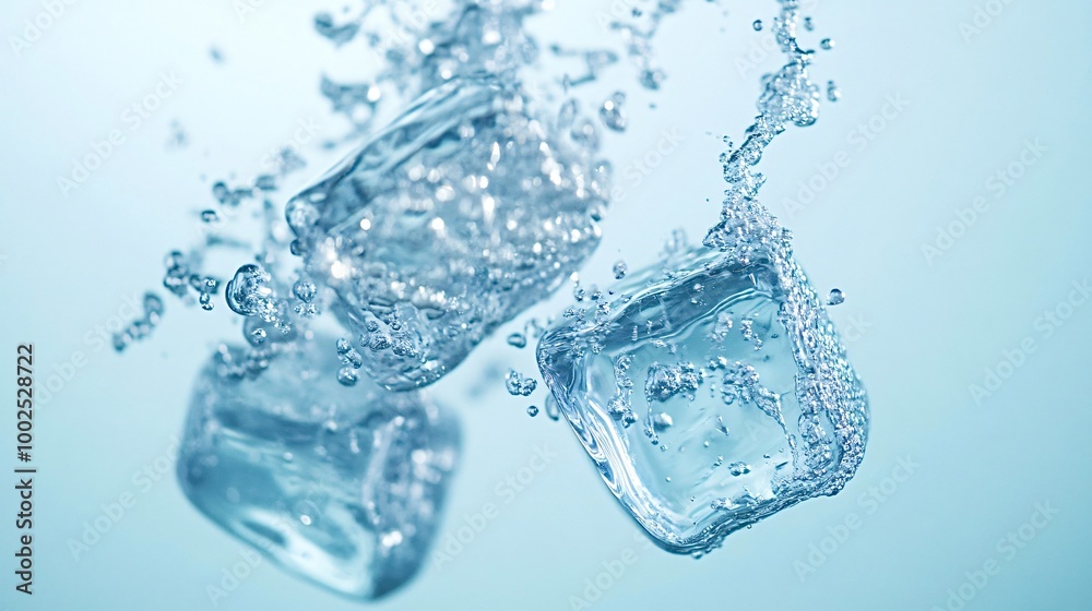 Three ice cubes are floating in water and creating bubbles with a blue background. This cool and refreshing image is perfect for conveying concepts of coldness, purity, and refreshment Three ice cubes are floating in water and creating bubbles with a blue background. This cool and refreshing image is perfect for conveying concepts of coldness, purity, and refreshment