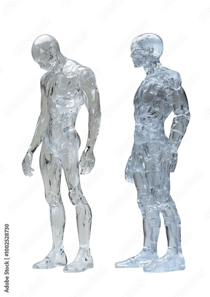 An intricate ice sculpture shaped like a human figure, with detailed features and smooth, transparent surfaces, standing against a plain white background. The sculpture glistens and reflects light, hi An intricate ice sculpture shaped like a human figure, with detailed features and smooth, transparent surfaces, standing against a plain white background. The sculpture glistens and reflects light, hi