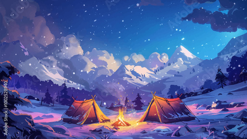 Camping Tents Around A Fire On A Winter Plain Covered With Snow Cartoon Illustration Featuring Cozy Tents Set Up Around A Crackling Fire With Snowy Terrain And Frosty Trees