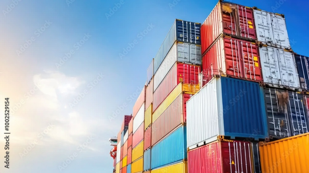 Fototapeta premium A majestic cargo ship sails on tranquil waters under a vast blue sky, showcasing maritime commerce in its serene beauty