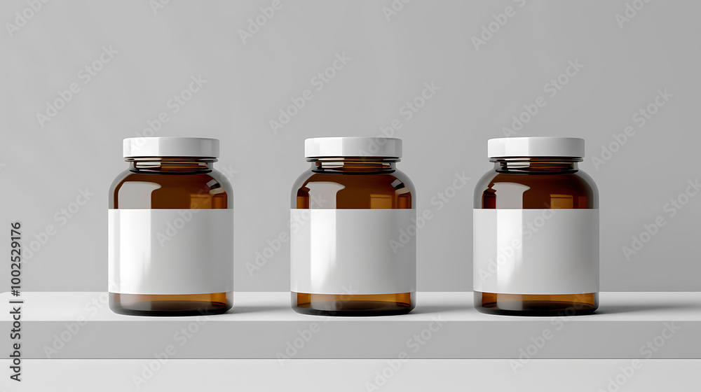 Three amber glass bottles with white labels and lids, arranged in a row on a white surface. Three amber glass bottles with white labels and lids, arranged in a row on a white surface.