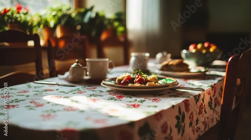 a table set for breakfast with fruit and coffee photo