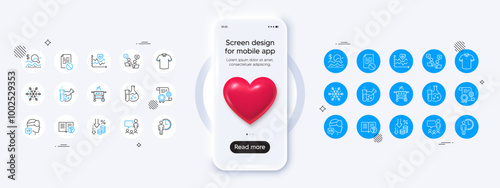 Phone mockup with 3d heart icon. Help, Construction document and Deflation line icons. Pack of Check investment, Chemistry lab, People chatting icon. Vector