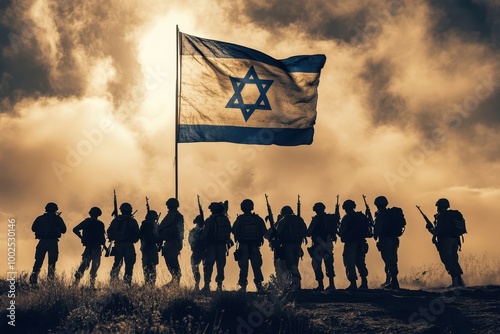 israeli soldiers standing in front of an israeli flag