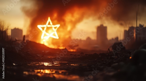 the city is on fire and there is a star in the middle