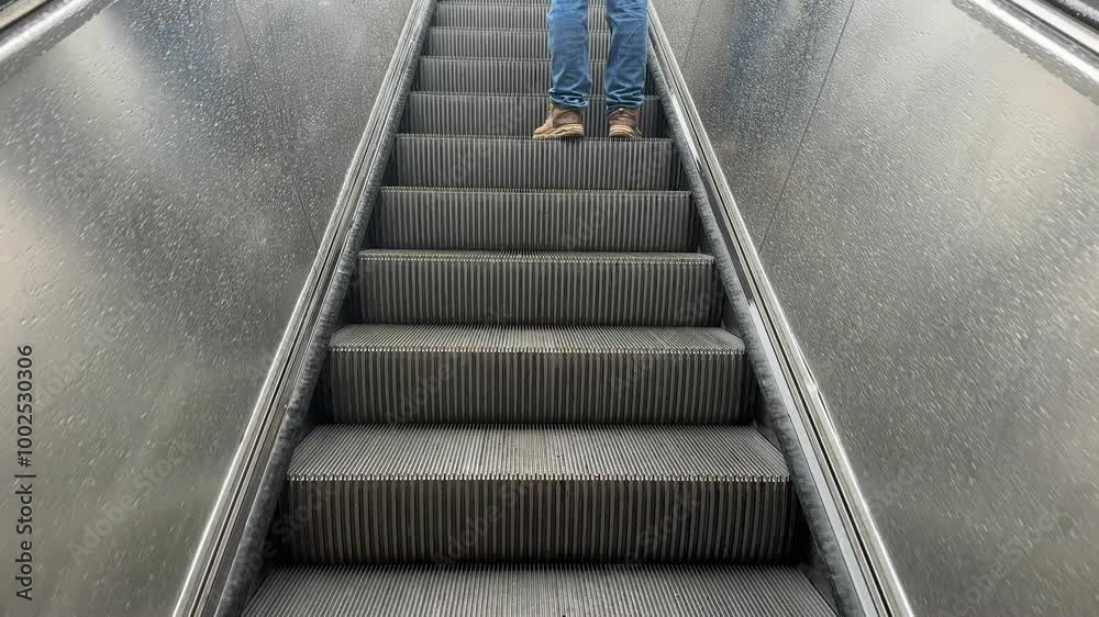 Person on an escalator in a Munich station, Germany. View of metal steps and boots ascending in a modern, metallic environment.
Person on an escalator in a Munich station, Germany. View of metal steps and boots ascending in a modern, metallic environment.