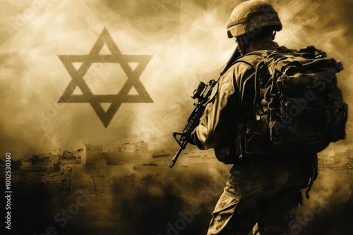 israeli soldier with a gun and a star of david photo