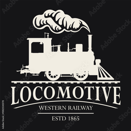 vector retro logo or emblem with a drawing silhouette of an old railway steam locomotive in cartoon style with the inscription western railway