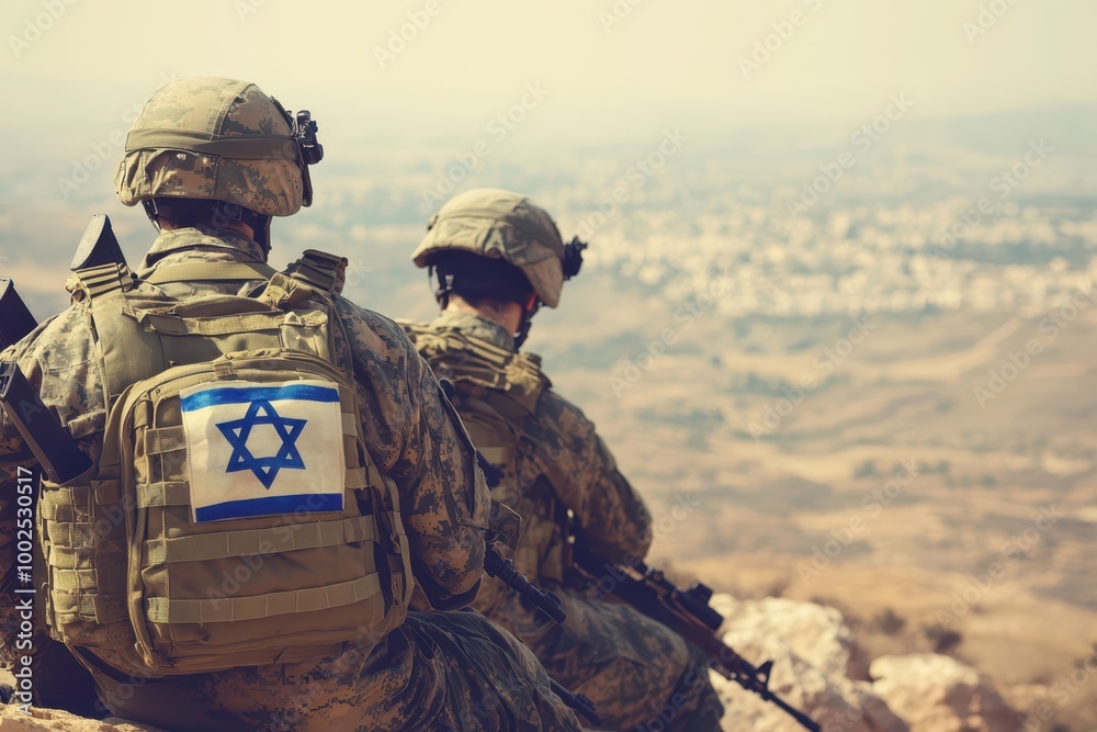 two soldiers sitting on top of a hill with an israeli flag two soldiers sitting on top of a hill with an israeli flag