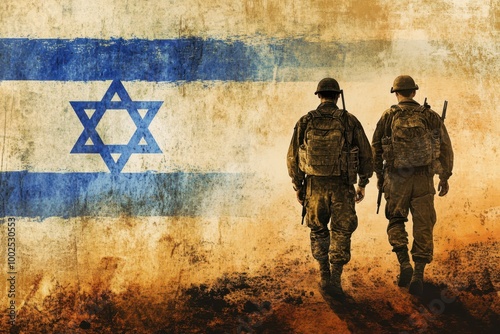 two soldiers walk in front of an israeli flag photo