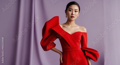 Bold Asian model in a radiant red off shoulder dress on a soft lilac backdrop photo