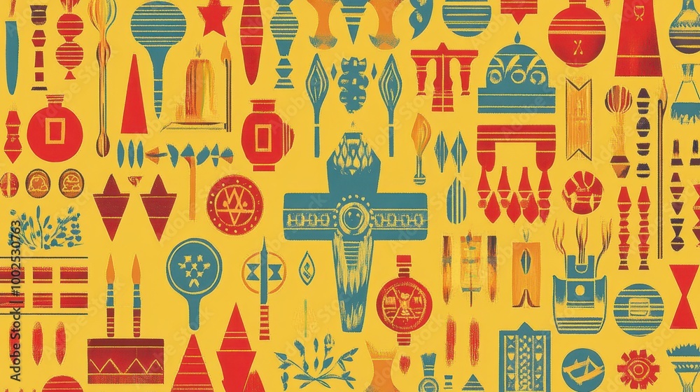 a colorful pattern of different objects on a yellow background