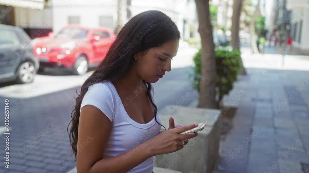 Latin woman using smartphone while walking through an urban street in a city on a sunny day Latin woman using smartphone while walking through an urban street in a city on a sunny day
