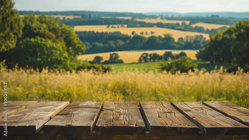 Wooden table and rural scene on the background. Product photo background image Wooden table and rural scene on the background. Product photo background image